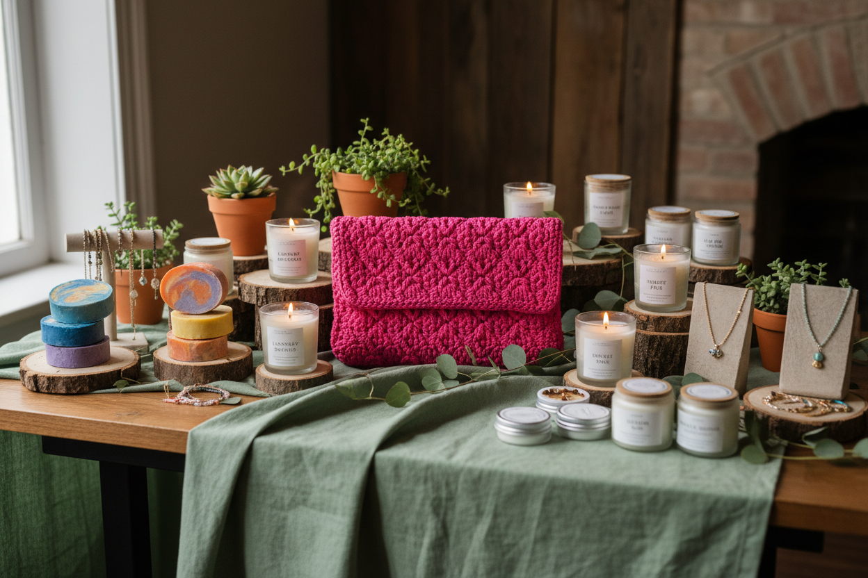 generate me a table of handmade soaps, candles, creams, beaded jewelry, and hot pink crochet clutch. give it a tiny bit of green theme but just a bit