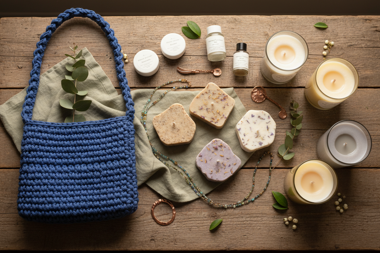 generate me a table of soaps, candles, beaded jewelry, creams, crochet handbag (royal blue color), and make sure they look handmade and add just a hint of green theme but not too much
